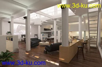 接待室场景,木地板,办公室,复式结构,3D模型的图片