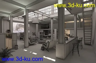 接待室场景,木地板,办公室,复式结构,3D模型的图片