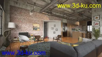 红砖墙模型,混凝土天花,室内物品,室内场景,3D模型的图片1
