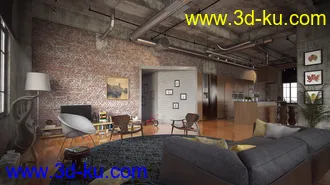 红砖墙模型,混凝土天花,室内物品,室内场景,3D模型的图片2