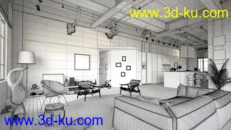 红砖墙模型,混凝土天花,室内物品,室内场景,3D模型的图片3