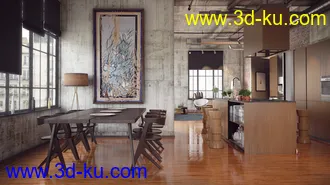 红砖墙模型,混凝土天花,室内物品,室内场景,3D模型的图片4