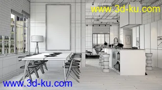 红砖墙模型,混凝土天花,室内物品,室内场景,3D模型的图片