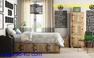 卧室场景,双人大床模型,竹篓,木箱子模型,3D模型的图片