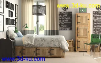卧室场景,双人大床模型,竹篓,木箱子模型,3D模型的图片2