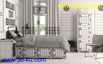 卧室场景,双人大床模型,竹篓,木箱子模型,3D模型的图片