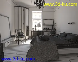 卧室场景,睡房场景,床铺模型,衣柜模型,书桌模型,3D模型的图片