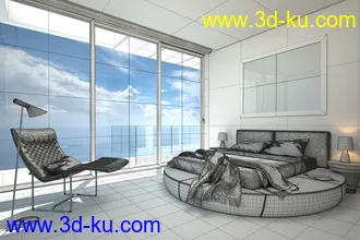 景观大房场景,海边房间模型,客房,大床,酒店房间,3D模型的图片