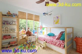儿童房间场景,儿童玩具,儿童床铺模型,3D模型的图片