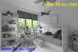 儿童房间场景,儿童玩具,儿童床铺模型,3D模型的图片