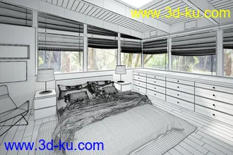 景观客房场景,木地板,木屋顶模型,衣柜,3D模型的图片