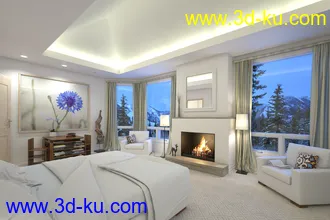 雪景房间场景,火炉模型,沙发,北极景观房,3D模型的图片