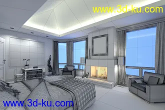 雪景房间场景,火炉模型,沙发,北极景观房,3D模型的图片