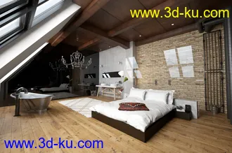 房间场景,阁楼房间,浴缸模型,大床,木地板模型,3D模型的图片
