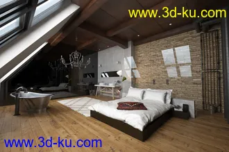 房间场景,阁楼房间,浴缸模型,大床,木地板模型,3D模型的图片