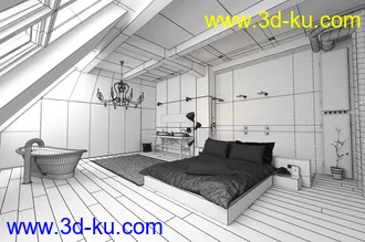 房间场景,阁楼房间,浴缸模型,大床,木地板模型,3D模型的图片