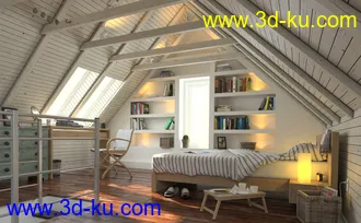木房子室内场景,三角屋顶,木床,书架书桌,天窗模型,3D模型的图片1