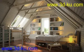 木房子室内场景,三角屋顶,木床,书架书桌,天窗模型,3D模型的图片