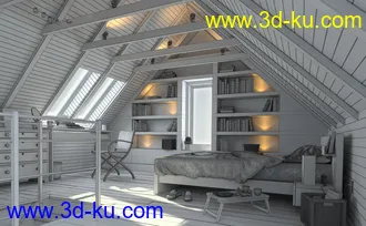 木房子室内场景,三角屋顶,木床,书架书桌,天窗模型,3D模型的图片