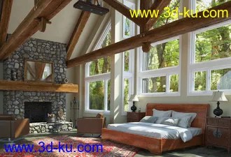 别墅房间模型,森林房间场景,木房间,木梁柱,3D模型的图片