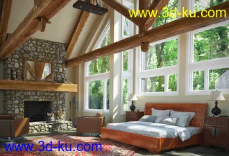 别墅房间模型,森林房间场景,木房间,木梁柱,3D模型的图片