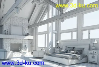 别墅房间模型,森林房间场景,木房间,木梁柱,3D模型的图片