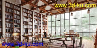 光亮透光的图书馆,阅读室场景,书籍,书架模型,3D模型的图片2