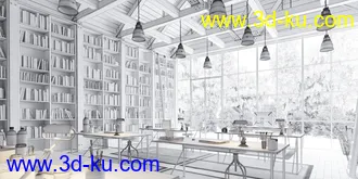 光亮透光的图书馆,阅读室场景,书籍,书架模型,3D模型的图片