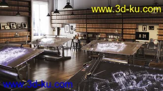 设计工作室场景,设计台,档案室模型,书籍,3D模型的图片