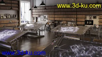 设计工作室场景,设计台,档案室模型,书籍,3D模型的图片