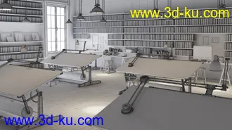 设计工作室场景,设计台,档案室模型,书籍,3D模型的图片