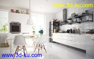 厨房场景,厨具模型,冰箱模型,抽油烟机模型,3D模型的图片