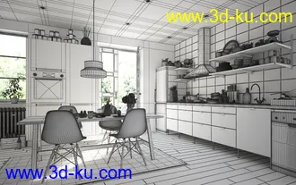 厨房场景,厨具模型,冰箱模型,抽油烟机模型,3D模型的图片