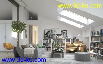 阁楼模型,书架,书籍模型,沙发,天窗模型,3D模型的图片