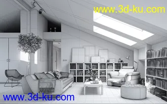 阁楼模型,书架,书籍模型,沙发,天窗模型,3D模型的图片