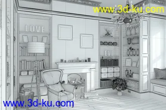 卧室场景,书架模型,装饰品模型,水晶吊灯模型,玻璃瓶子模型,3D模型的图片