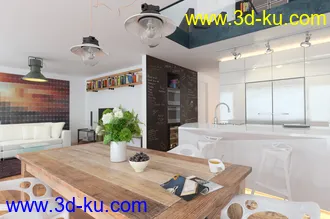 厨房场景,木桌子模型,复式室内场景,3D模型的图片