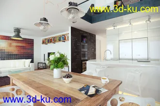 厨房场景,木桌子模型,复式室内场景,3D模型的图片