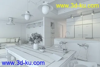 厨房场景,木桌子模型,复式室内场景,3D模型的图片3