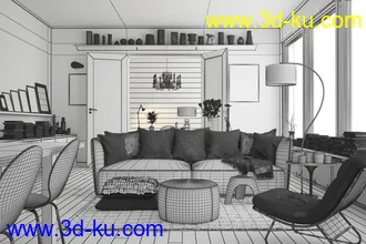 公寓场景,沙发模型,书画模型,室内饰品,3D模型的图片