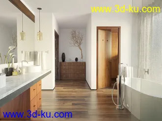 私人浴室场景,玻璃镜子,衣柜,毛巾,3D模型的图片