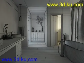 私人浴室场景,玻璃镜子,衣柜,毛巾,3D模型的图片