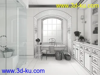 卫生间场景,浴室,浴缸模型,衣柜,玻璃门,3D模型的图片