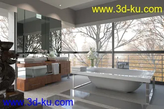 浴室场景,玻璃窗户,洗脸盘,镜子模型,3D模型的图片