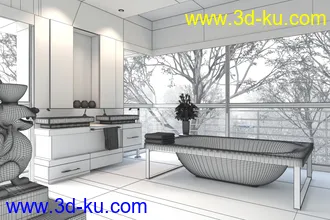 浴室场景,玻璃窗户,洗脸盘,镜子模型,3D模型的图片