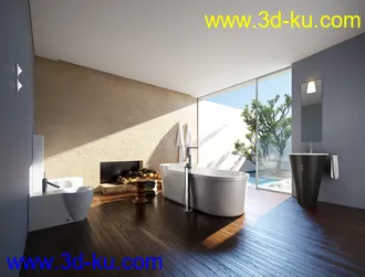 浴室模型,马桶,洗脸盘模型,木地板,3D模型的图片