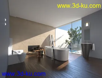 浴室模型,马桶,洗脸盘模型,木地板,3D模型的图片