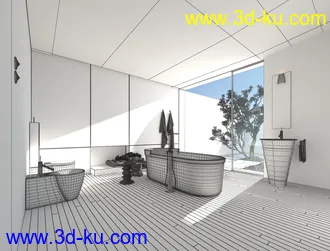 浴室模型,马桶,洗脸盘模型,木地板,3D模型的图片