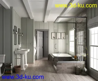 浴室场景,卫生间,浴池,淋浴间,透明玻璃罩,3D模型的图片