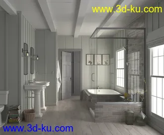 浴室场景,卫生间,浴池,淋浴间,透明玻璃罩,3D模型的图片